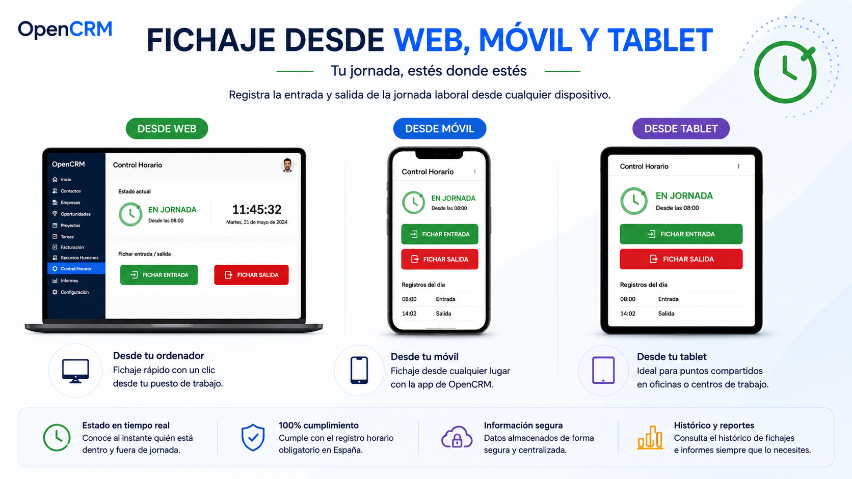 Empleado fichando la jornada laboral desde OpenCRM