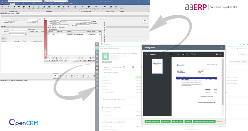 Flujo de pedidos sincronizados entre OpenCRM y a3ERP
