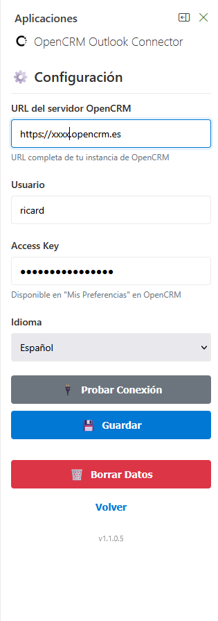 Pantalla de configuración de OpenCRM Outlook Connector con URL, usuario y Access Key