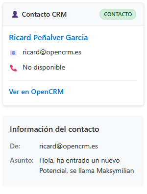 Ficha del contacto de OpenCRM mostrada en la bandeja de entrada de Outlook