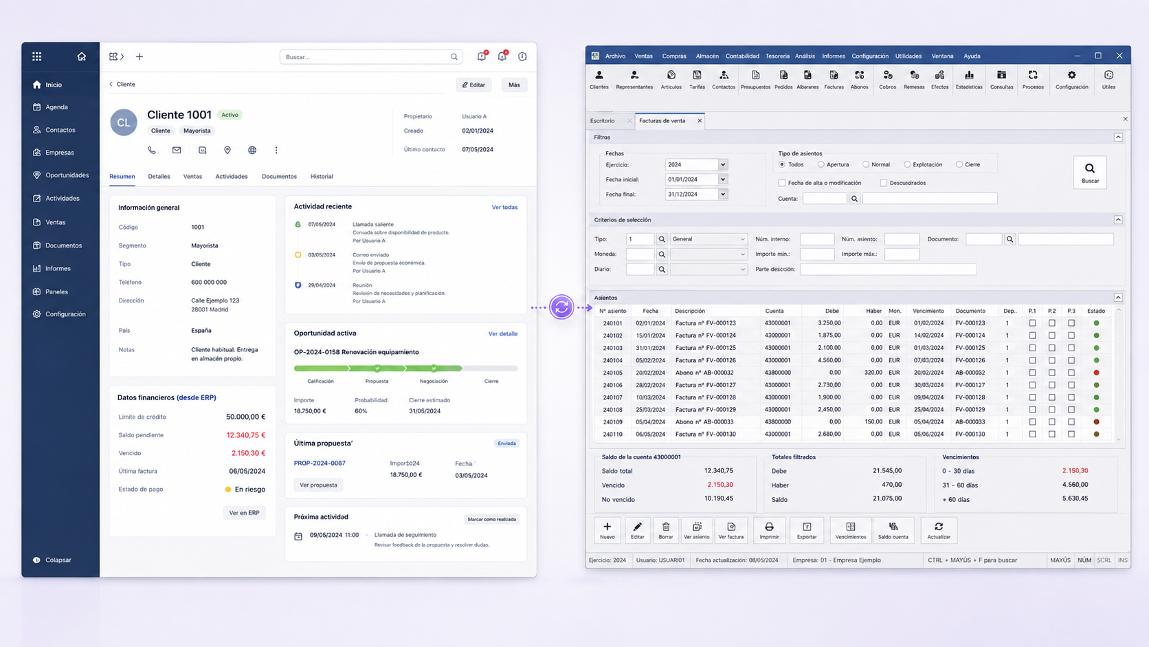 Vista 360º de cliente en OpenCRM con información financiera de a3ERP