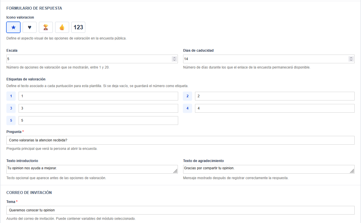 Editor de plantillas de encuesta en OpenCRM: pregunta, escala e iconos de valoración