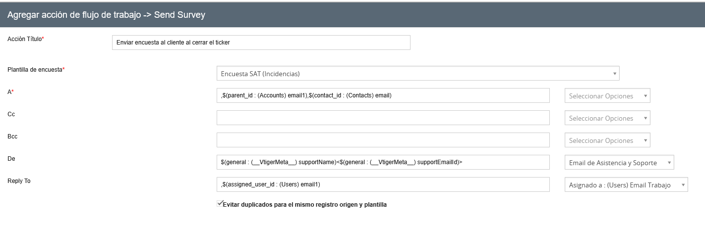 Tarea de envío de encuesta dentro de un flujo de trabajo de OpenCRM