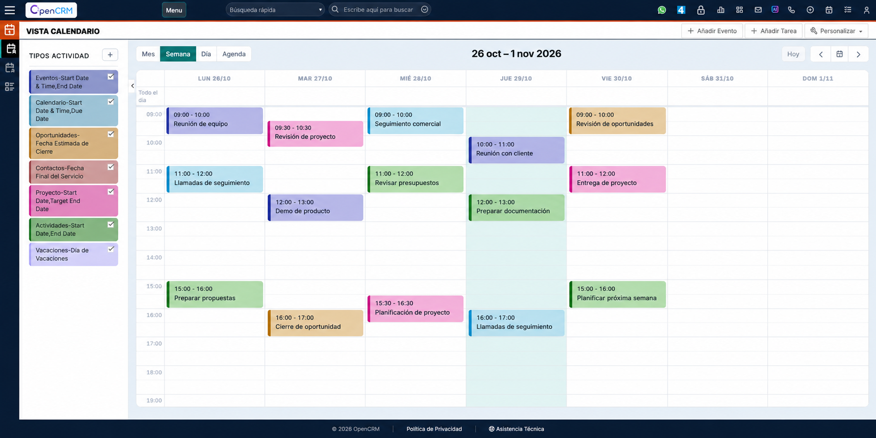 Calendario semanal de OpenCRM con actividades ficticias en distintos colores y un acento vertical a la izquierda de cada actividad