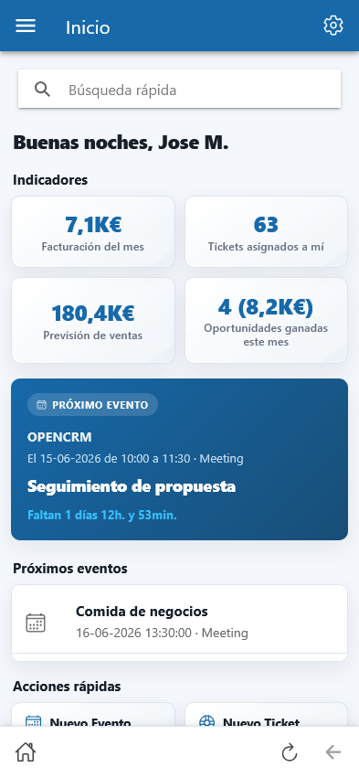 Nueva portada con KPI's en OpenCRM Mobile