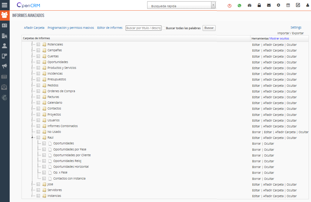 Listado de informes en OpenCRM